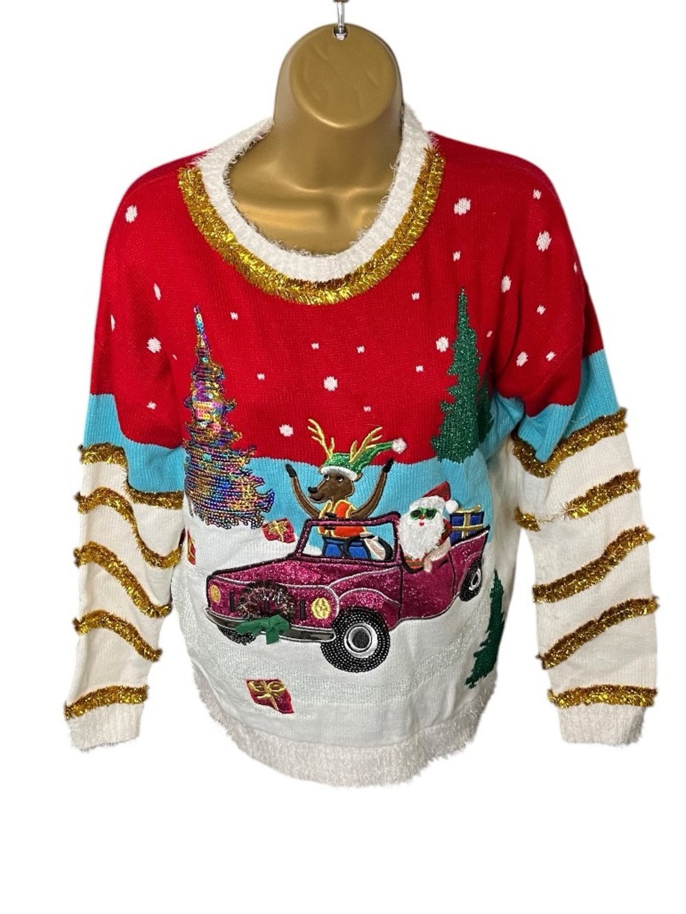 Blizzard Bay Crewneck Ugly Christmas Sweater Embellished Santa Red S